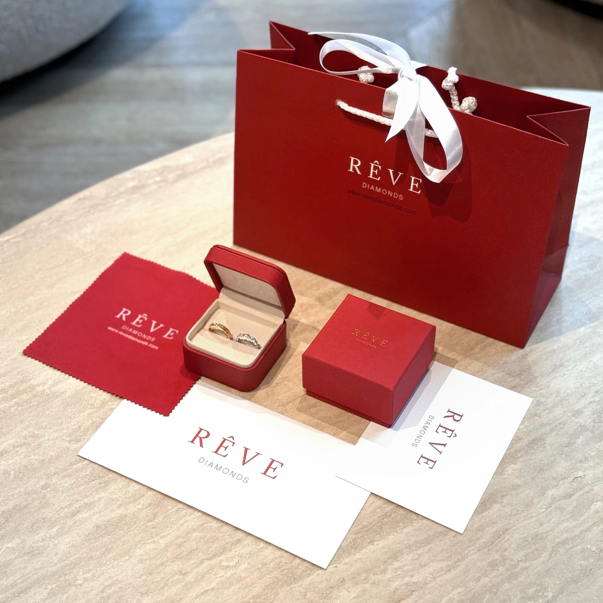 Rêve Diamonds luxurious packaging — ring box, gift bag and GIA certificate