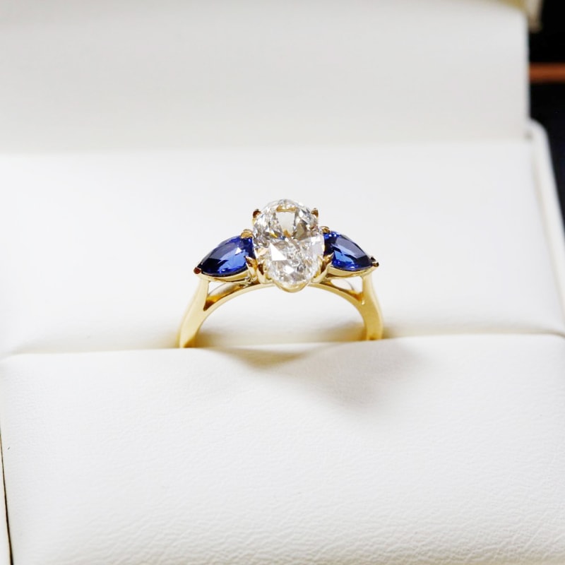 Large Oval Shape Sapphire Pear Side Stones Lab Grown Diamond Engagement Ring view 6