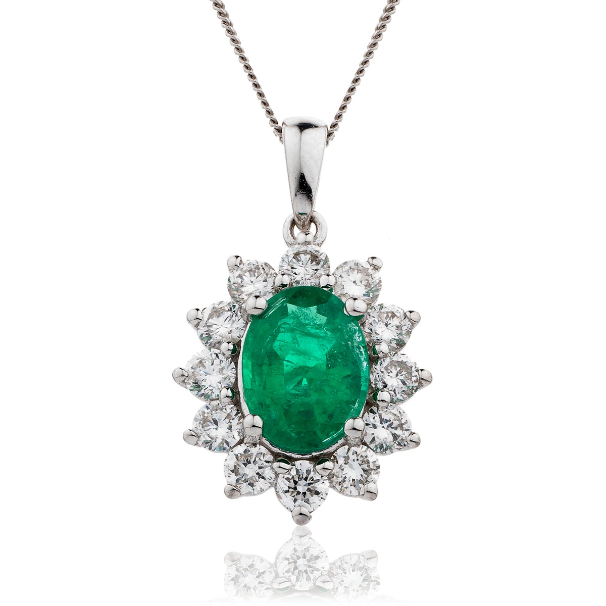 Oval 12 Stone Cluster Emerald Diamond Pendant view 1