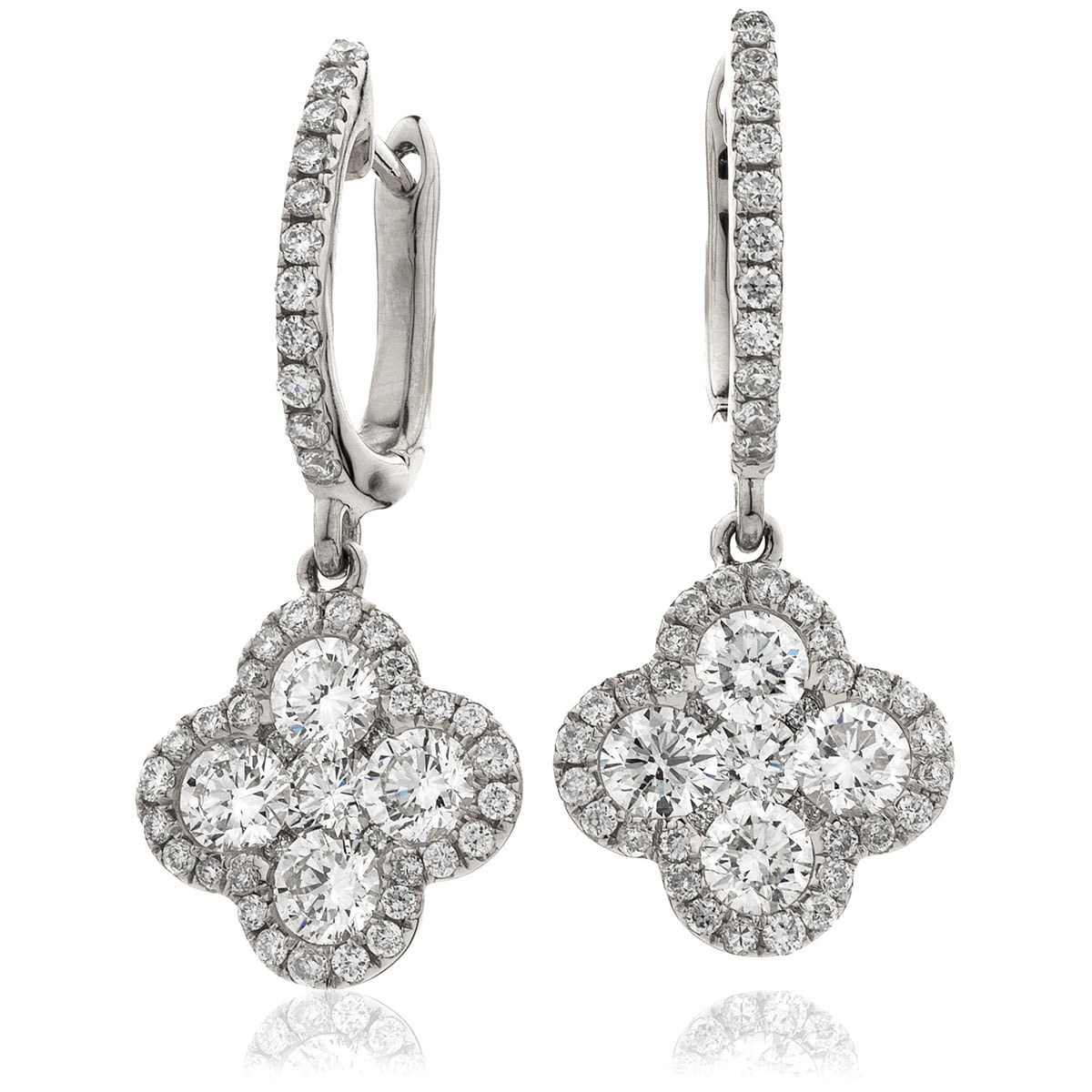 Clover Halo Pave Set Drop Hoops Diamond Earrings view 1