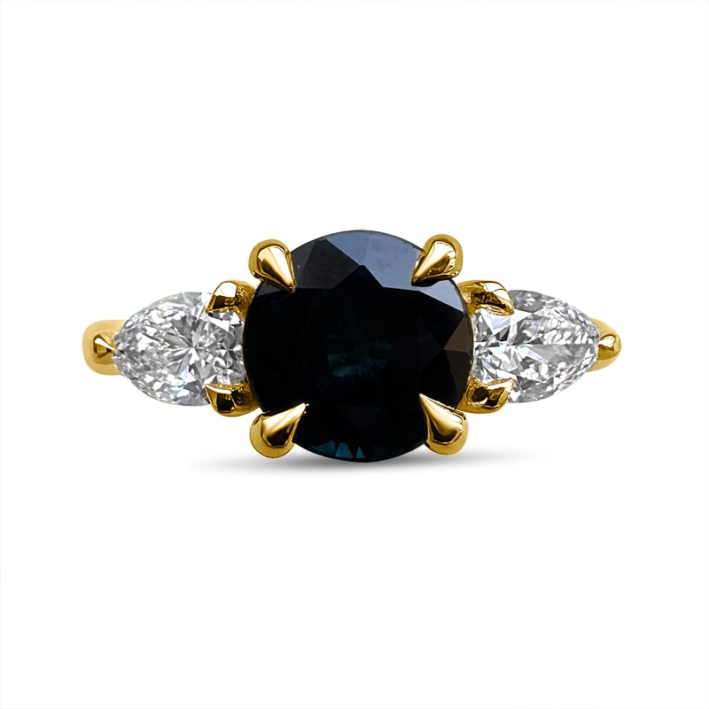 Round Blue Sapphire and Pear Diamond Trilogy Engagement Ring