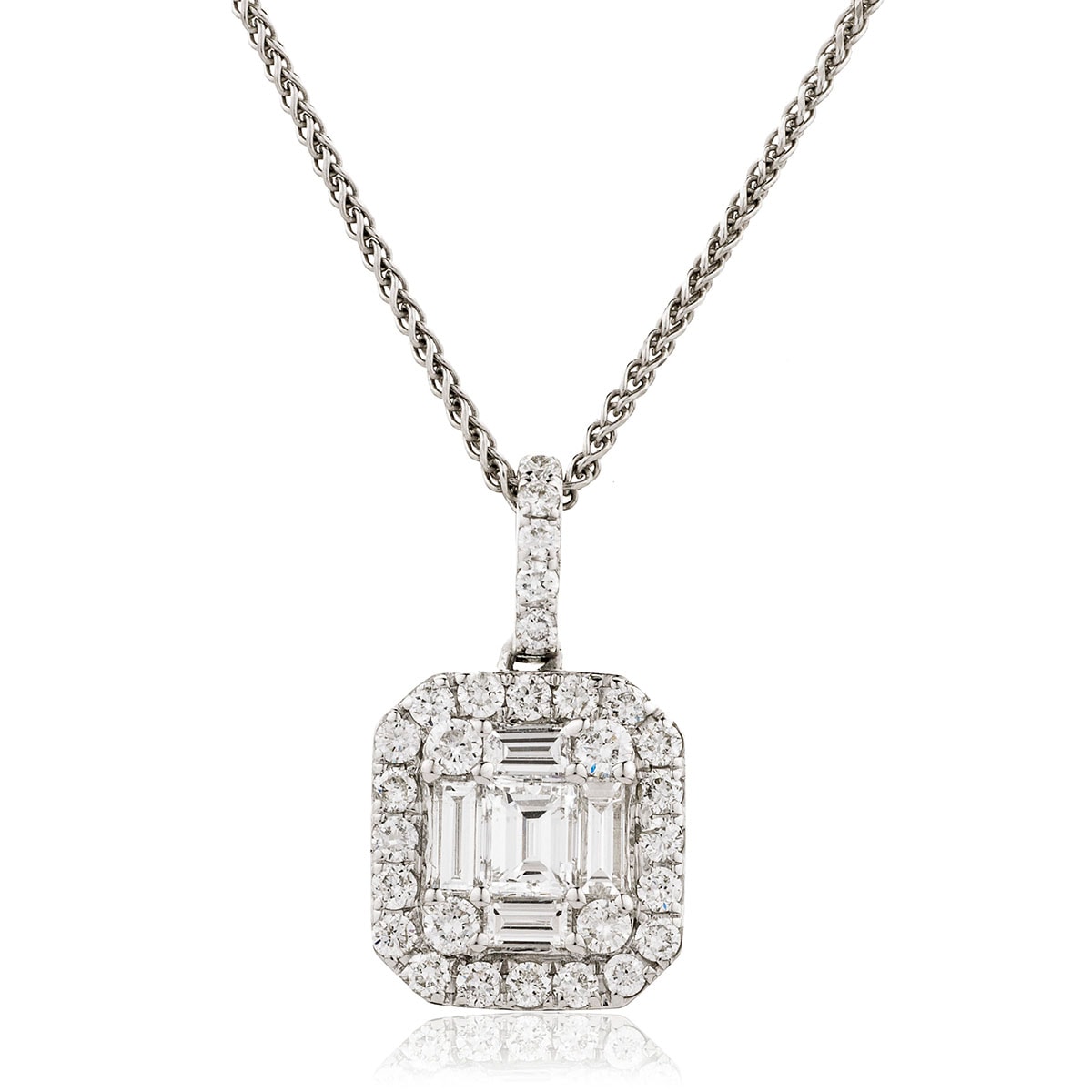 Micro Set Halo Round Baguette Cuts Diamond Pendant view 1