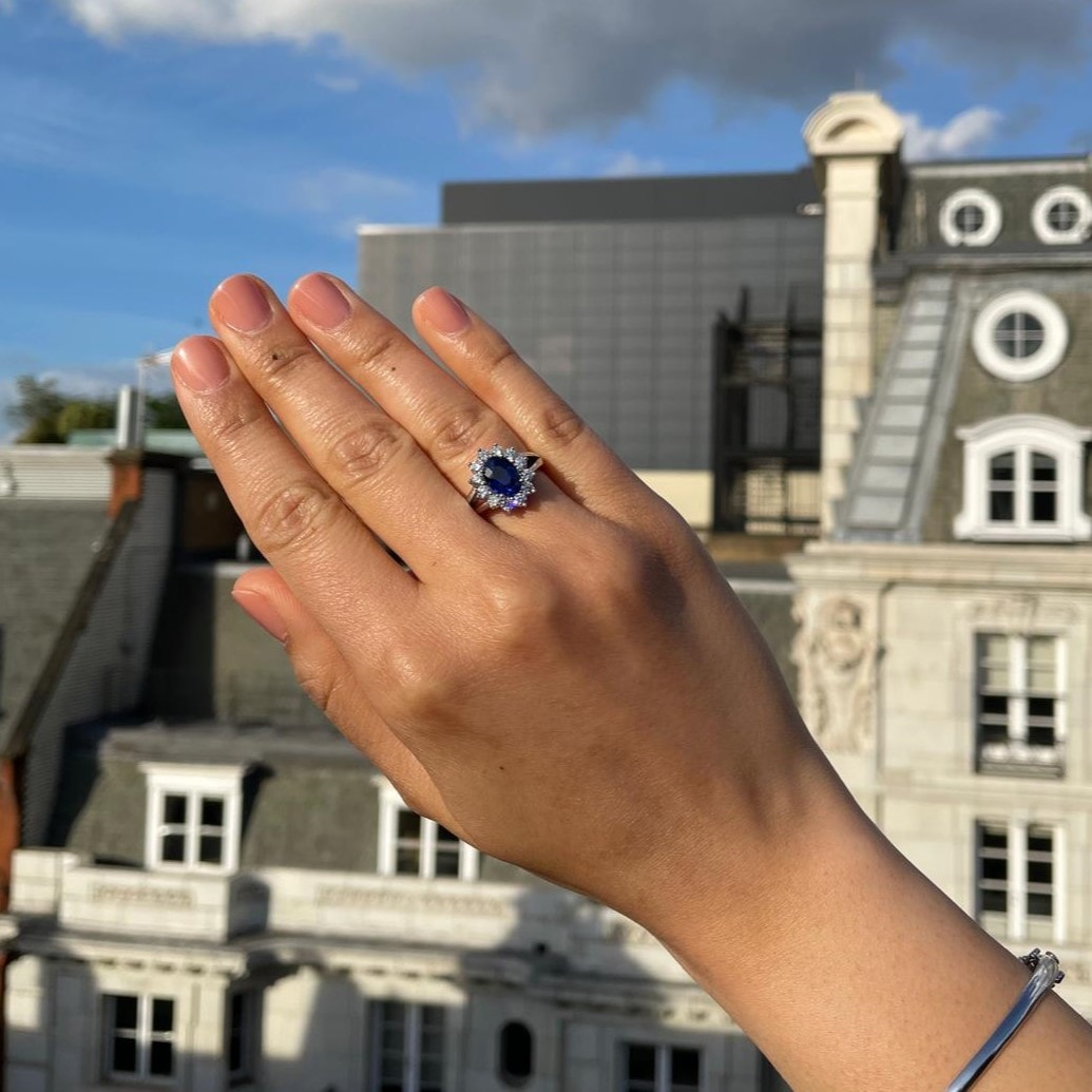 Oval Blue Sapphire Diamond Cluster Split Shank Diamond Engagement Ring view 6