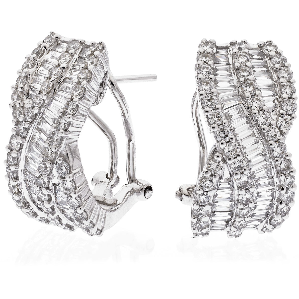 Round and Baguette Cut Cross Over Hoop Earrings view 1