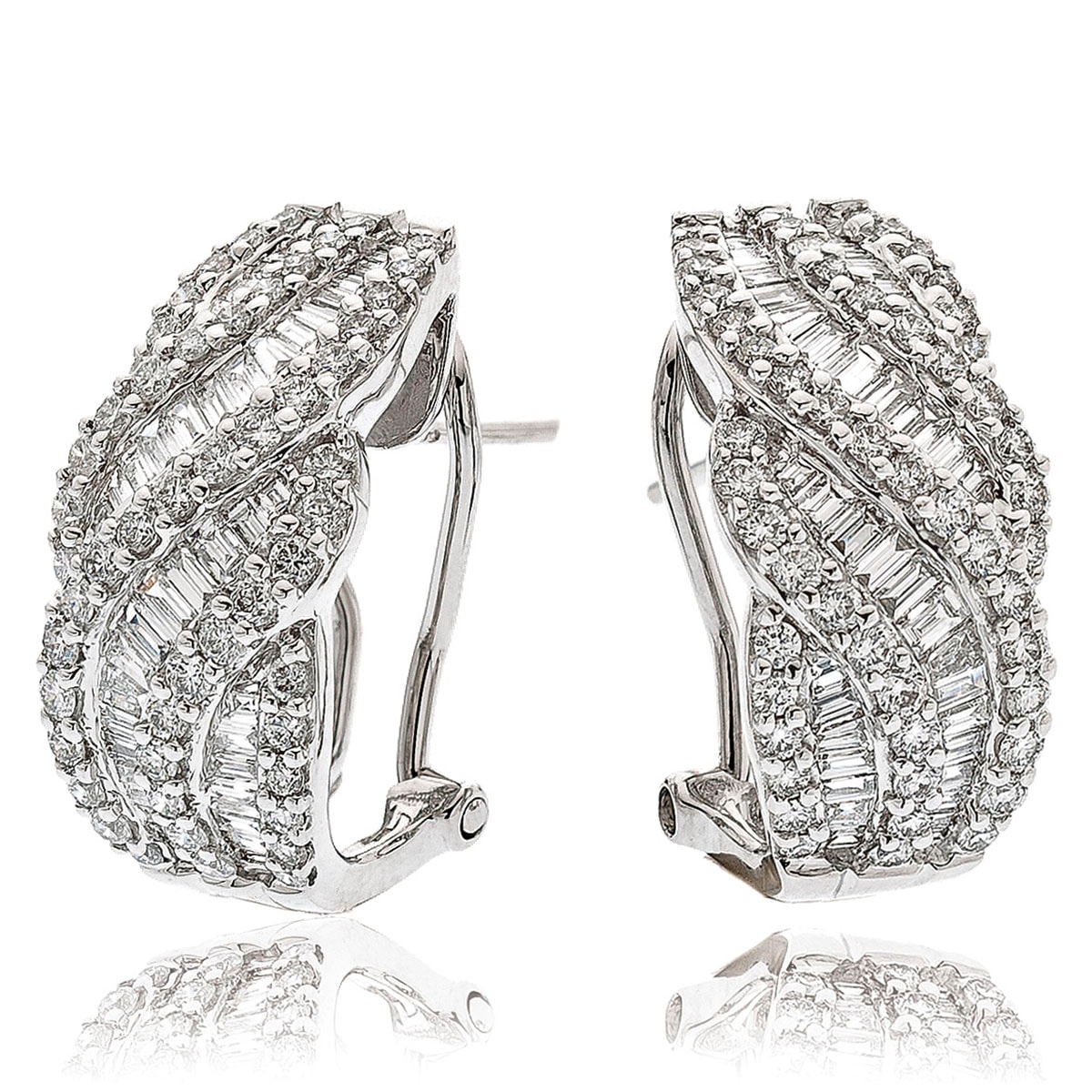 Round And Baguette Cut Cross Over Diamond Hoops Earrings view 1
