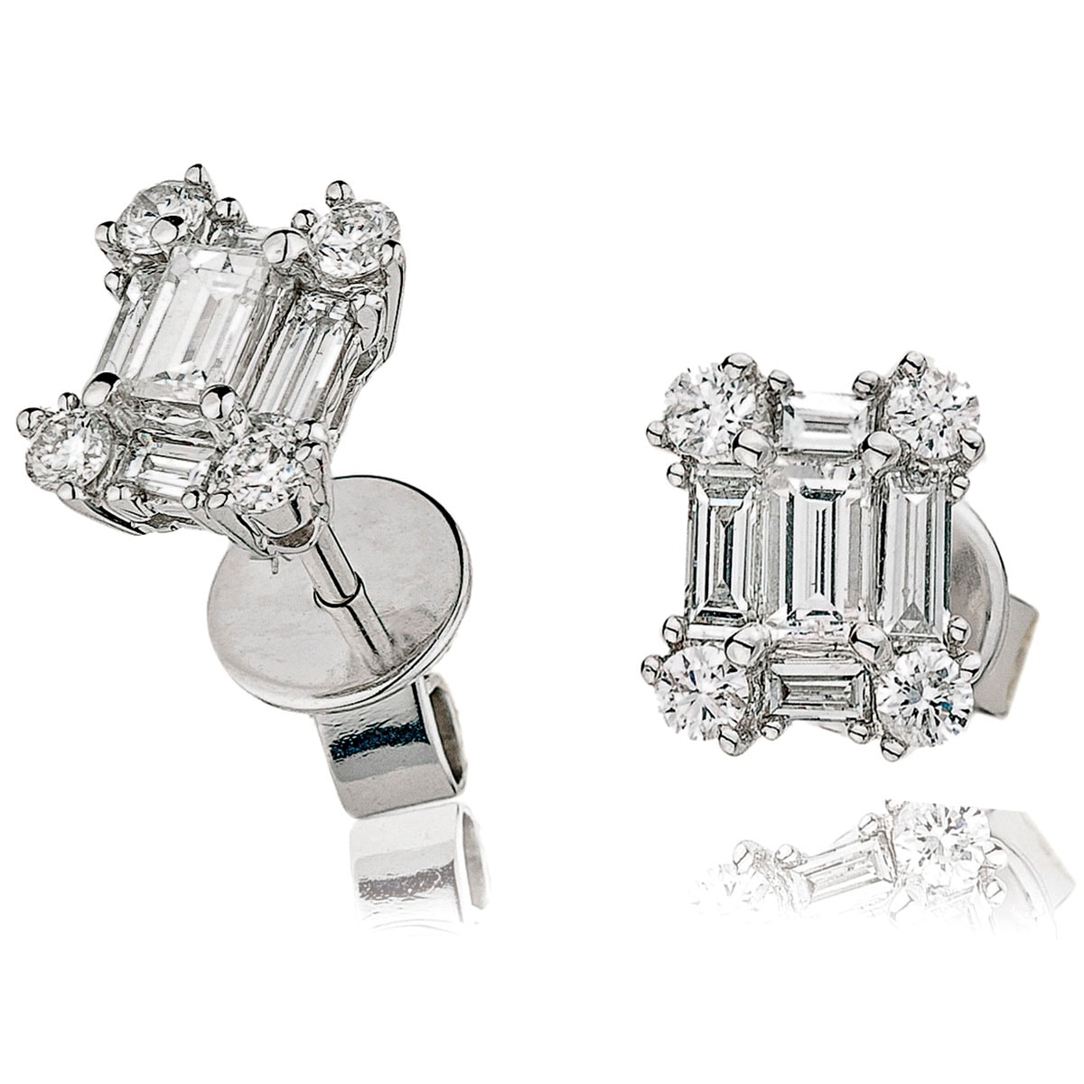Round And Baguette Cuts Diamond Earrings Studs view 1