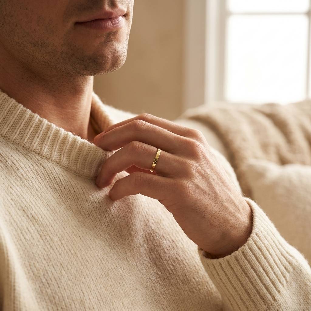 2mm_Flat_Court_Yellow_Gold_Wedding_Band_On_Model_Lifestyle