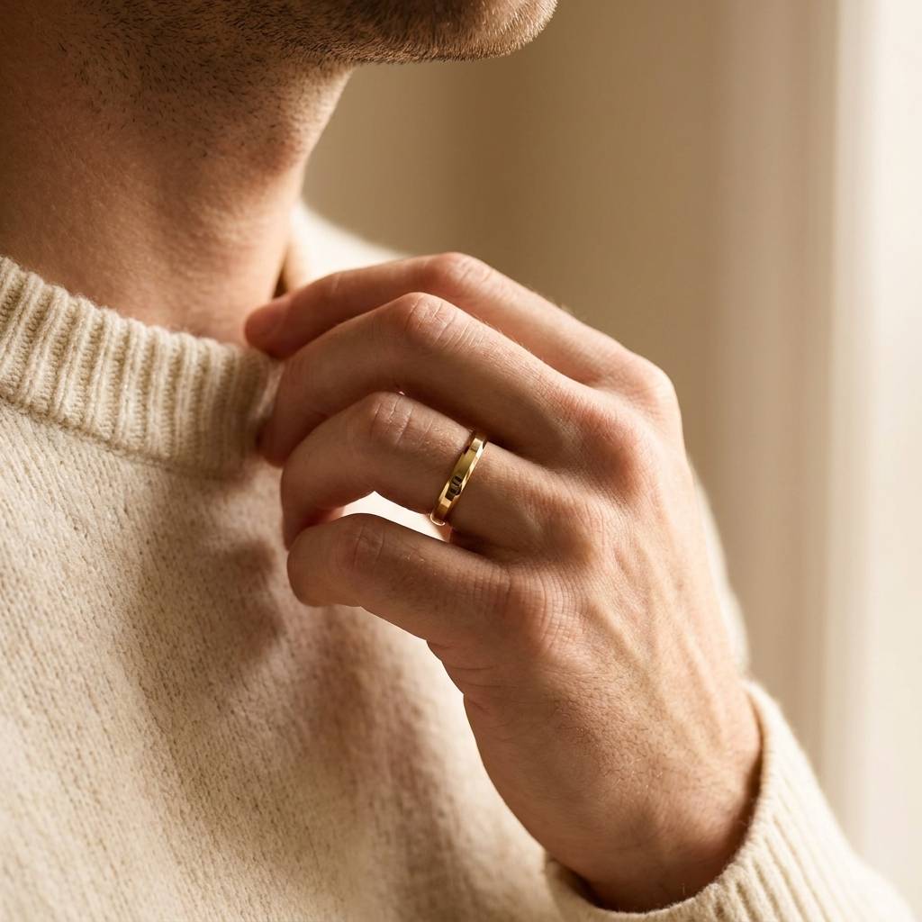 2mm_Bevelled_Edge_Yellow_Gold_Wedding_Band_On_Model_Lifestyle