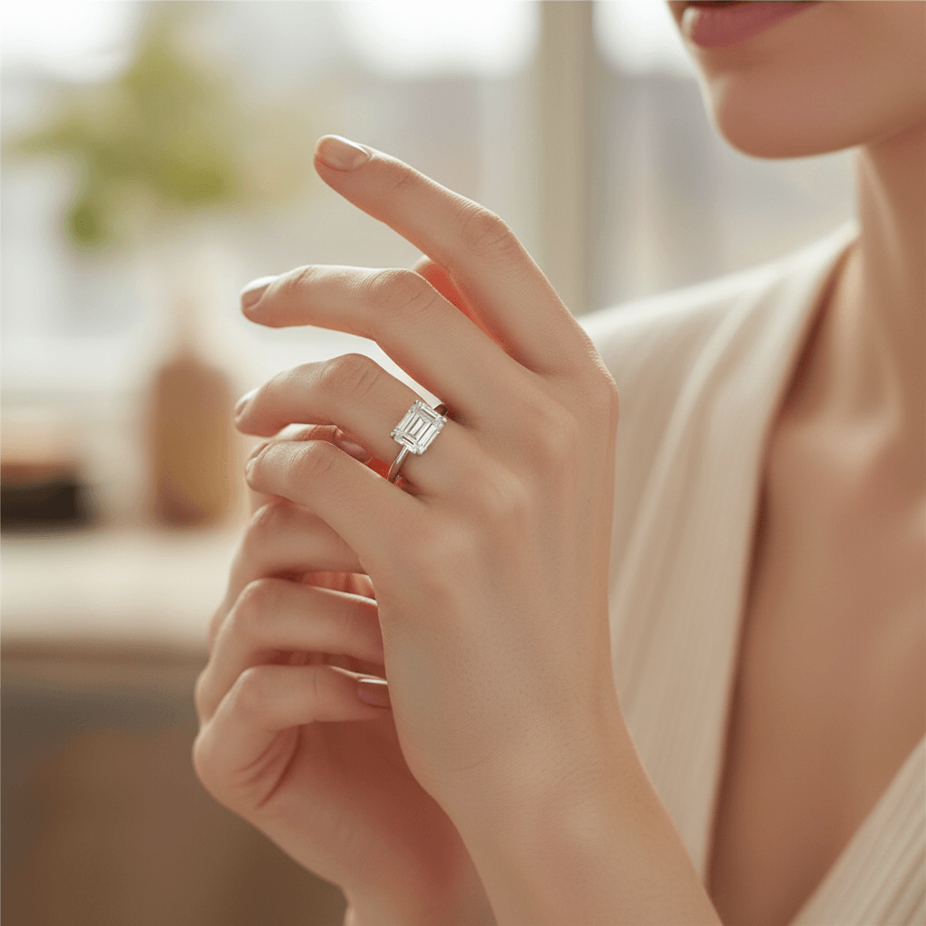 Sofia Richie emerald cut lab grown diamond engagement ring