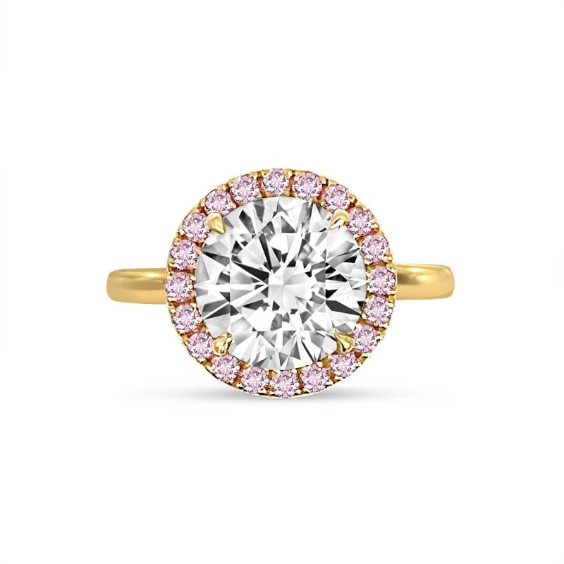 Yellow Gold Round Cut Lab Grown Diamond with Pink Sapphire Halo Engagement Ring view 1