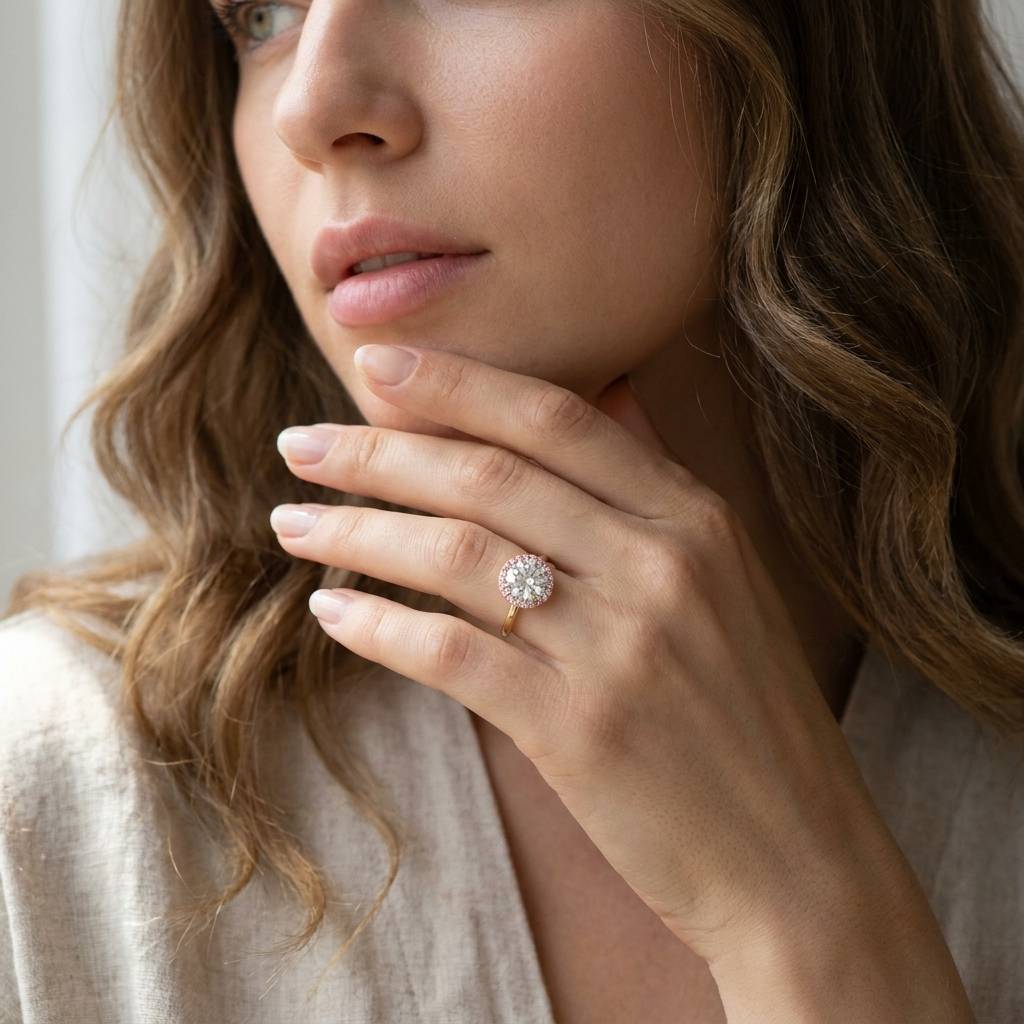 Yellow_Gold_Round_Cut_Diamond_With_Pink_Sapphire_Halo_Engagement_Ring_On_Model