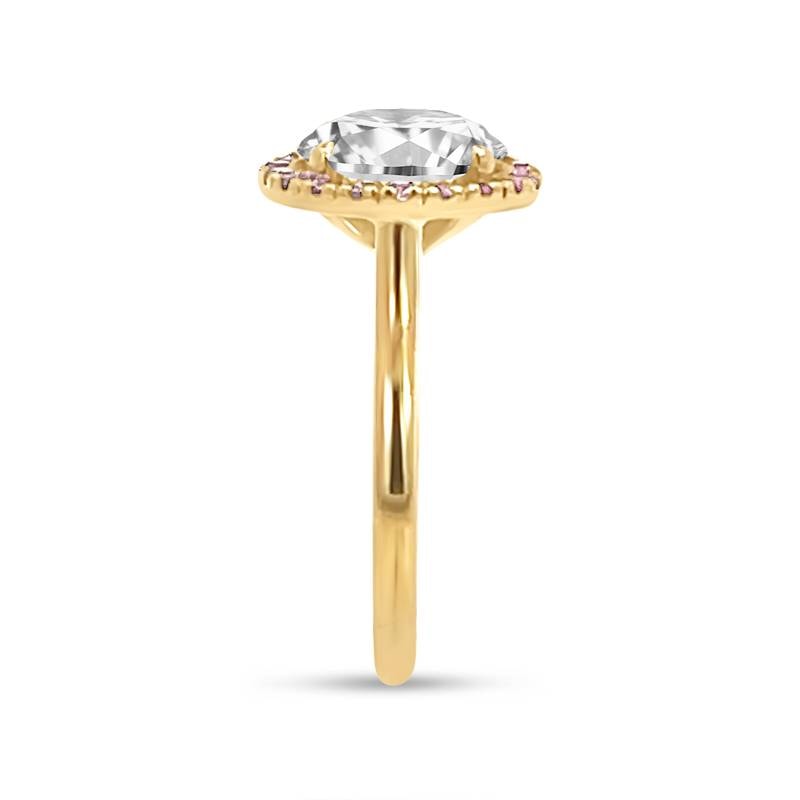 Yellow Gold Round Cut Lab Grown Diamond with Pink Sapphire Halo Engagement Ring view 4