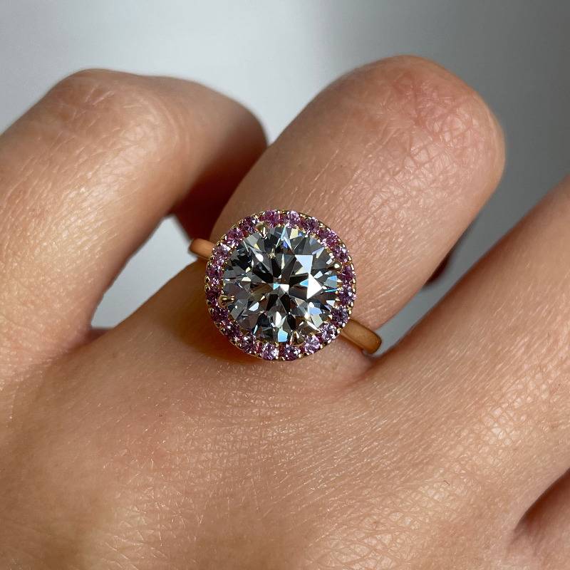 Yellow Gold Round Cut Lab Grown Diamond with Pink Sapphire Halo Engagement Ring view 7
