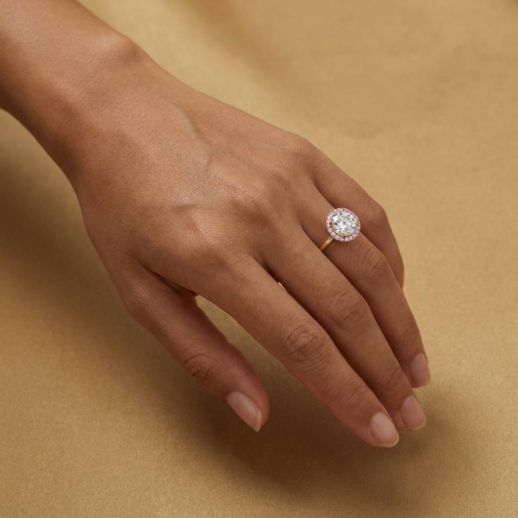 Yellow_Gold_Round_Cut_Diamond_With_Pink_Sapphire_Halo_Engagement_Ring_On_Hand