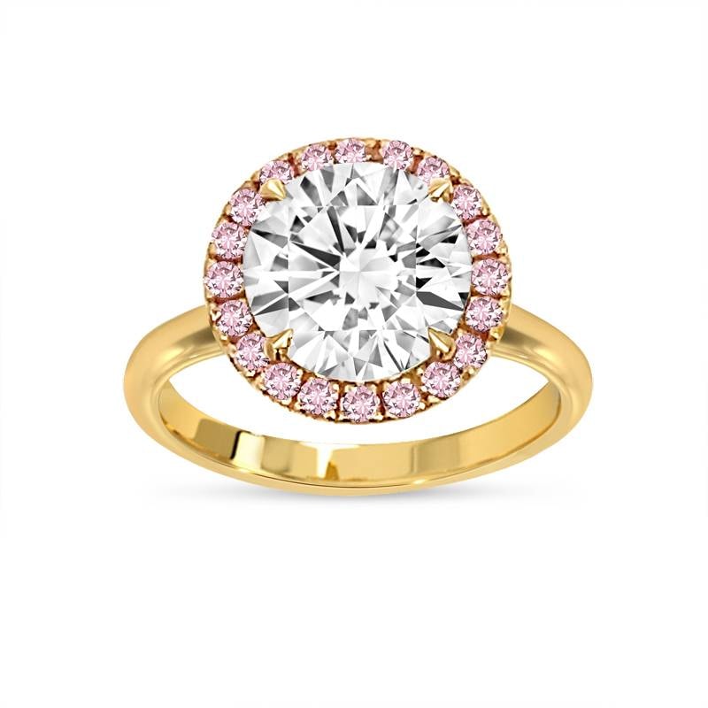 Yellow Gold Round Cut Diamond with Pink Sapphire Halo Engagement Ring view 3