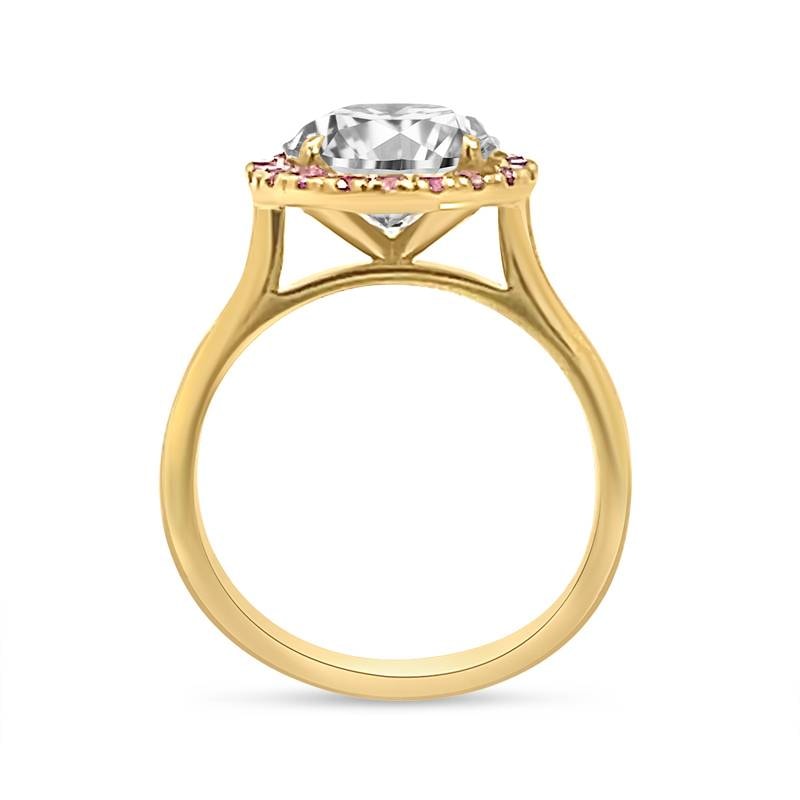Yellow Gold Round Cut Diamond with Pink Sapphire Halo Engagement Ring view 5