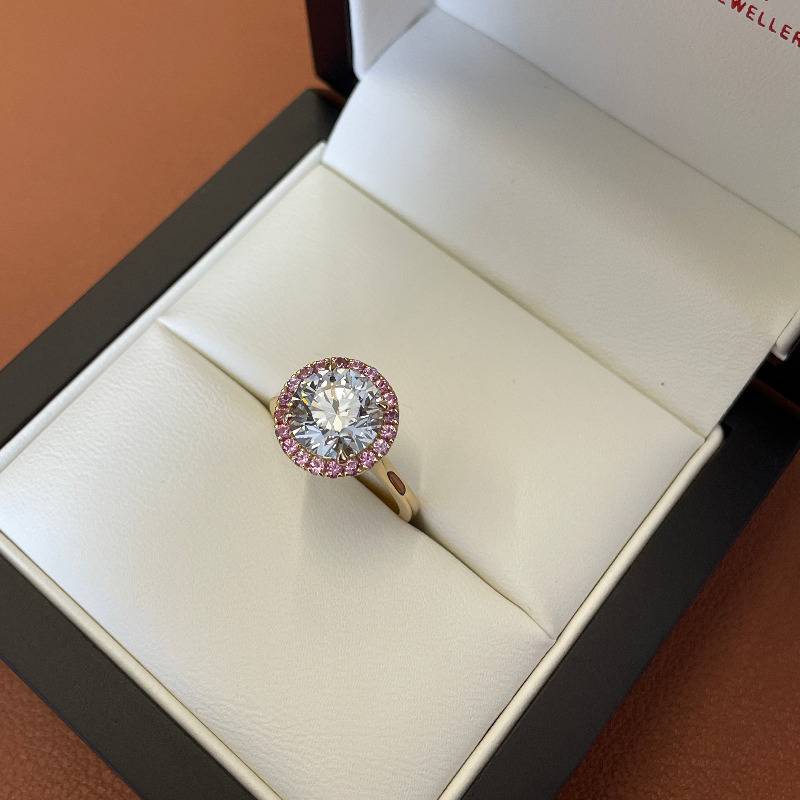 Yellow Gold Round Cut Diamond with Pink Sapphire Halo Engagement Ring view 6