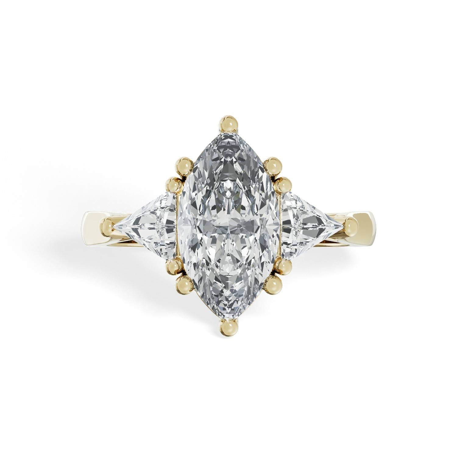 Marquise_Trilogy_Diamond_Engagement_Ring_with_Triangle_Sides_front_view_yellow_gold