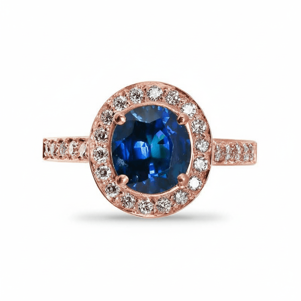 Yellow_Gold_Blue_Oval_Sapphire_Diamond_Halo_Engagement_Ring_On_Hand