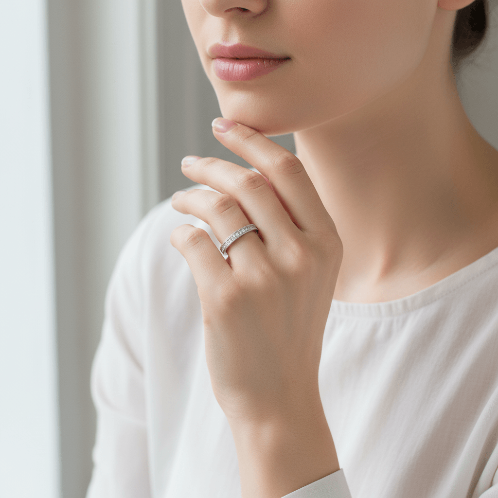 Classic_Mille_Grain_Set_2_2mm_Ring_Half_Band_Diamond_Wedding_Ring_On_Model