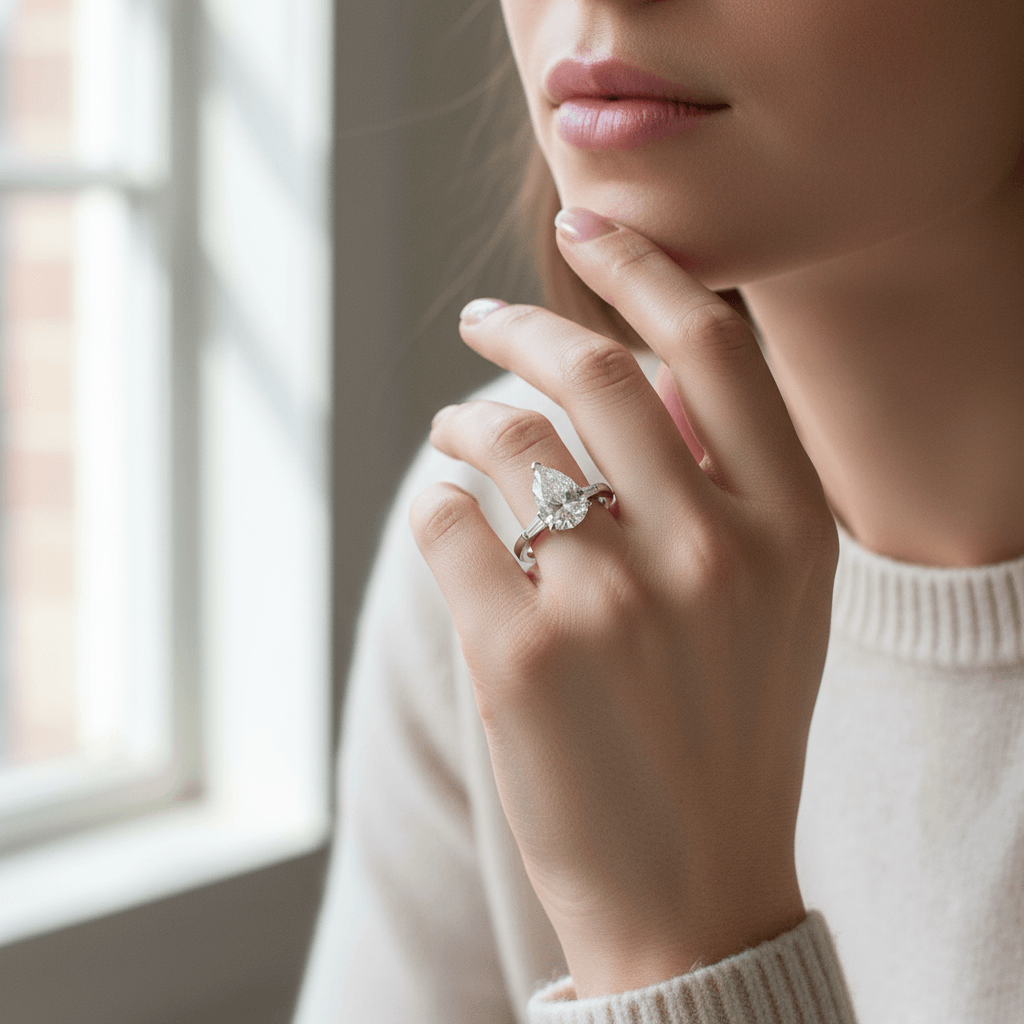 Pear_And_Tapered_Baguettes_Design_Diamond_Engagement_Ring_On_Model