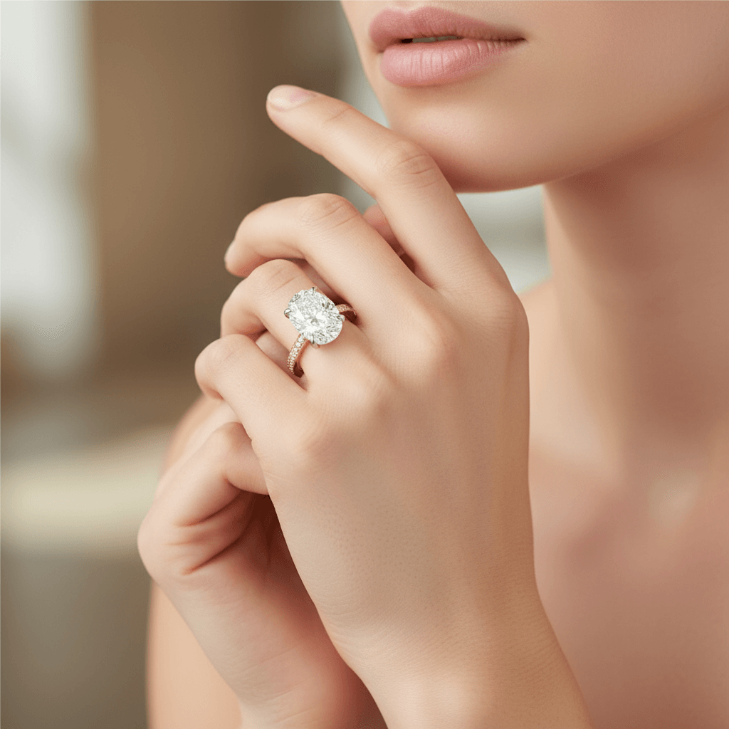 Yellow Gold Shoulder Set Oval Cut Engagement Ring On Hand