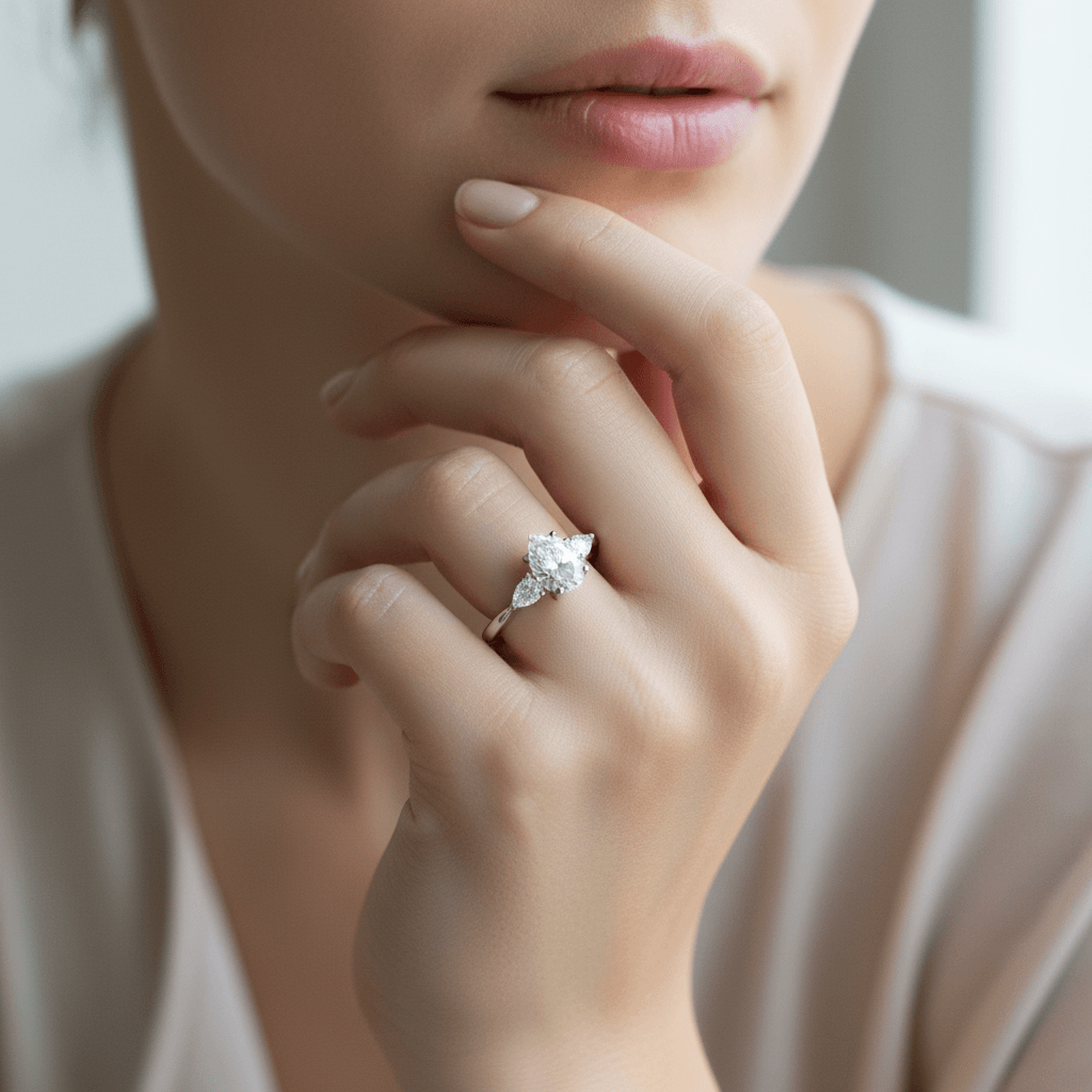Pear_Shape_And_Pear_Cut_Shoulder_Stones_Diamond_Engagement_Ring_On_Model