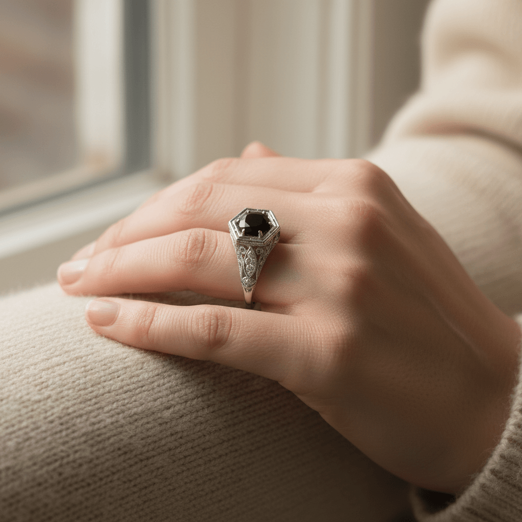 Victorian_Style_Round_Cut_Black_Diamond_Engagement_Ring_On_Hand