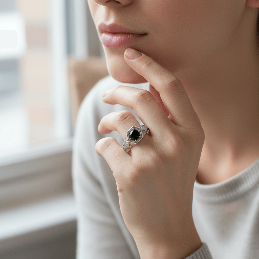 Victorian Style Round Cut Black Diamond Engagement Ring - alternate view