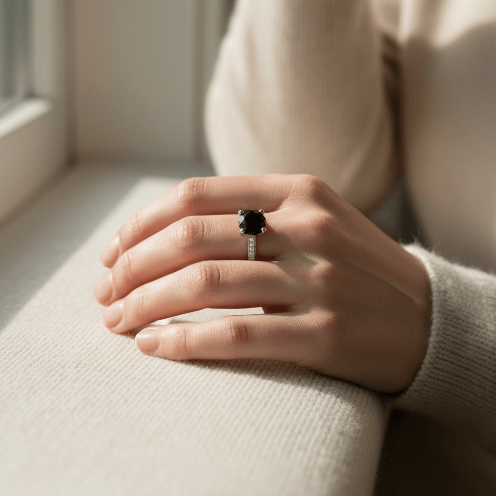 Twist Bridge Set Round Black Diamond Engagement Ring On Hand