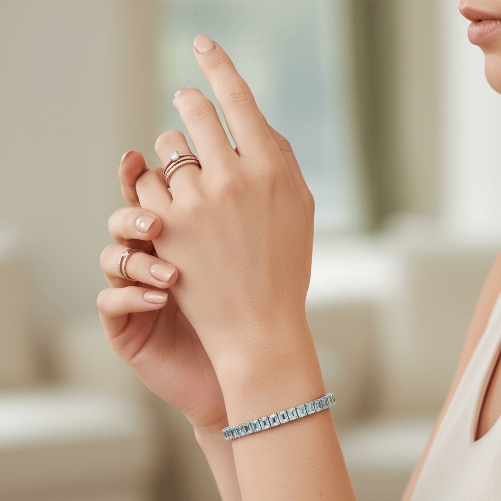 10 Carat Emerald Cut Diamond Tennis Bracelet On Hand