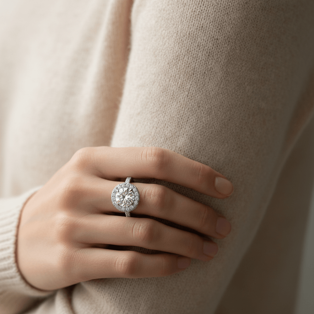 Double Edge Halo Round Diamond Engagement Ring On Hand