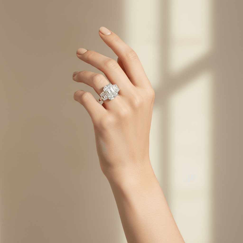 Large_Radiant_Cut_Trapezoids_Trilogy_Diamond_Engagement_Ring_On_Hand