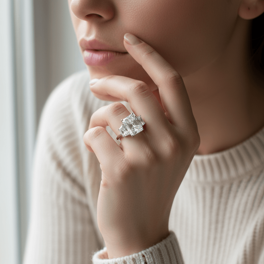 Large_Radiant_Cut_Trapezoids_Trilogy_Diamond_Engagement_Ring_On_Model