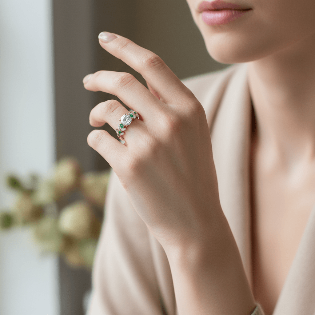 Floral Emerald and Marquise Diamond Engagement Ring On Hand