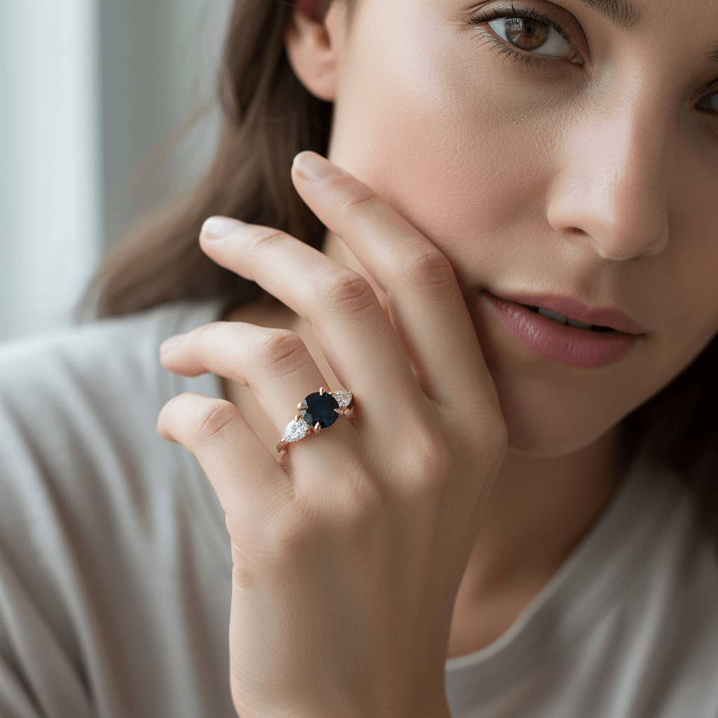 Round Blue Sapphire and Pear Diamond Trilogy Engagement Ring - alternate view