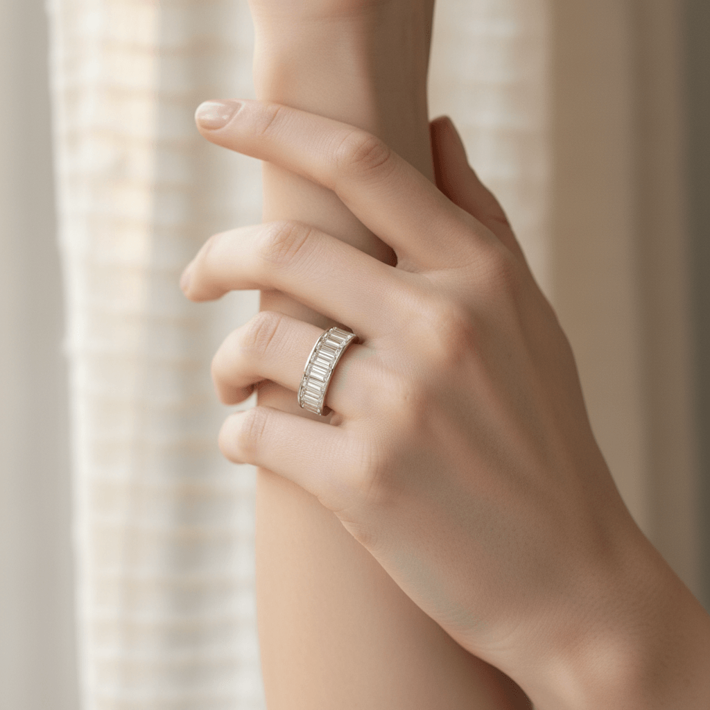 Large Emerald Cut Half Eternity Band On Hand