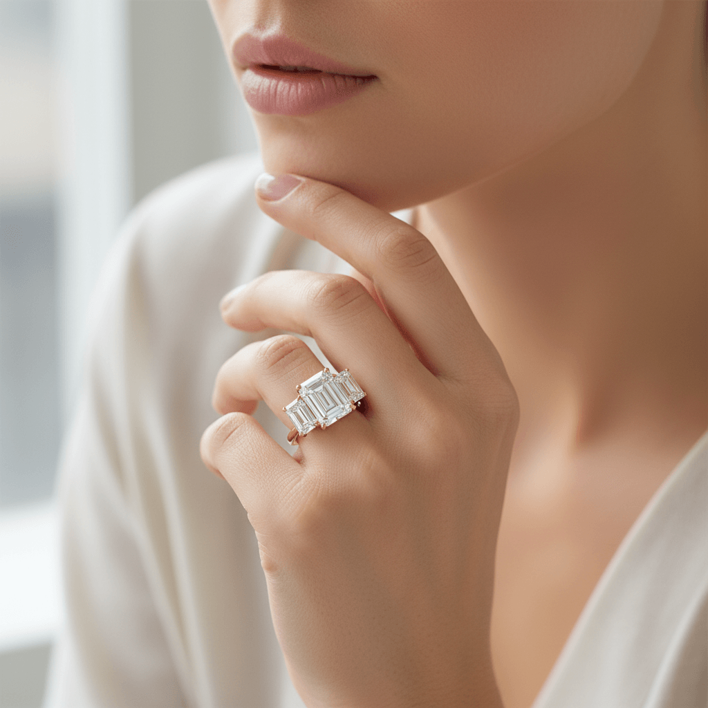 Trilogy_Emerald_Diamond_Engagement_Ring_On_Model