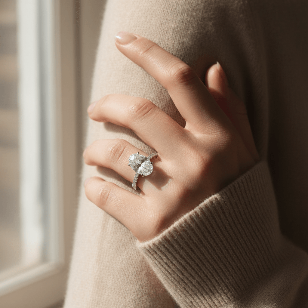 Kourtney_Kardashian_Oval_Halo_Lab_Grown_Diamond_Engagement_Ring_On_Hand