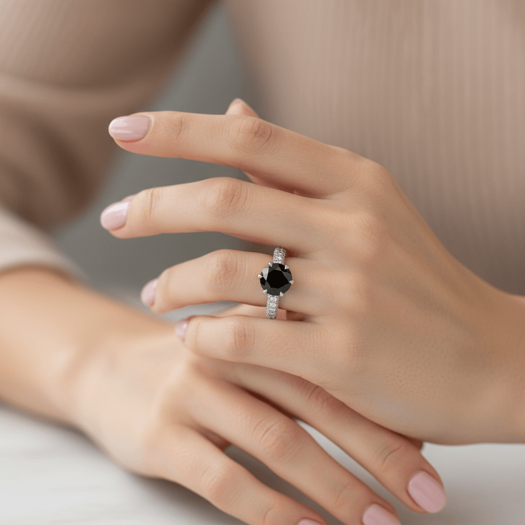 Six_Claw_3_Sides_Band_Setting_Round_Black_Diamond_Engagement_Ring_On_Hand