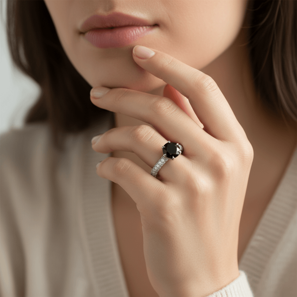 Six Claw 3 Sides Band Setting Round Black Diamond Engagement Ring - alternate view