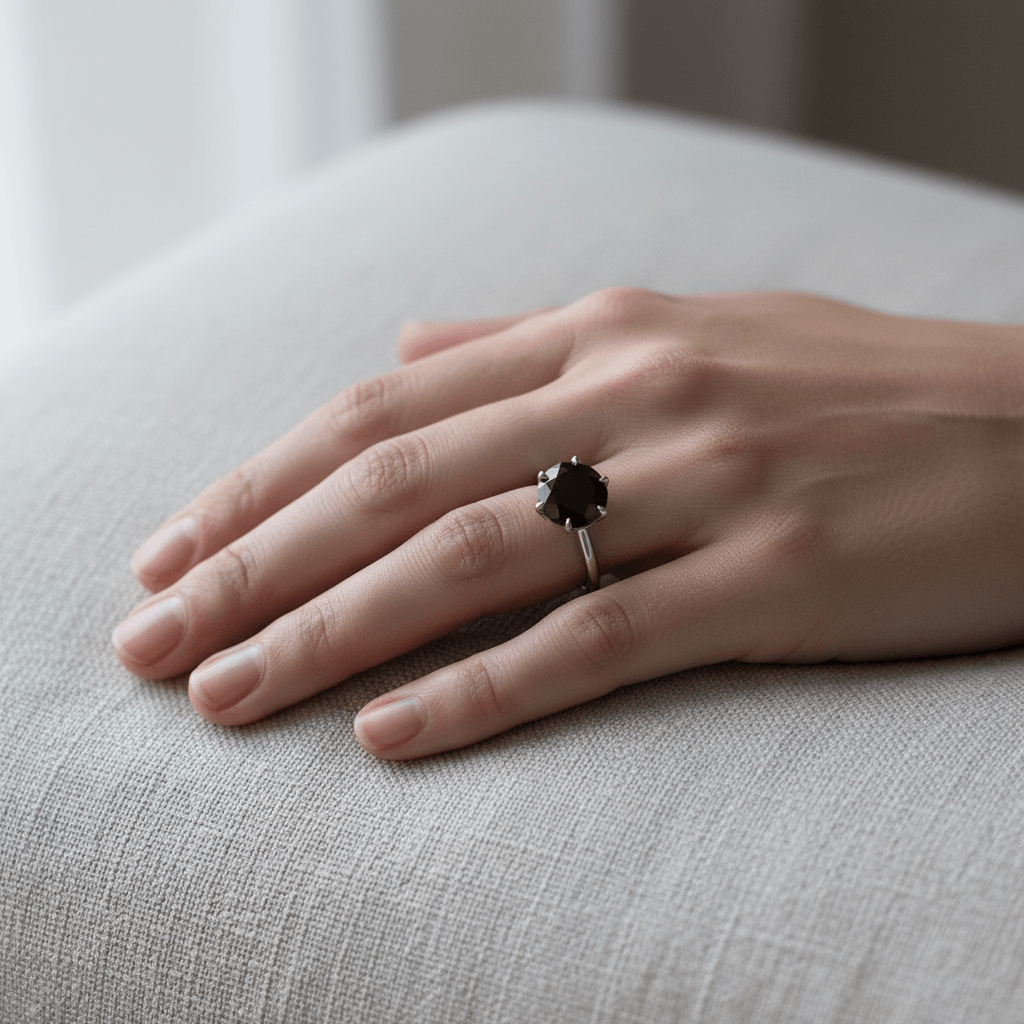Six Tiger Claw Solitaire Black Diamond Engagement Ring On Hand