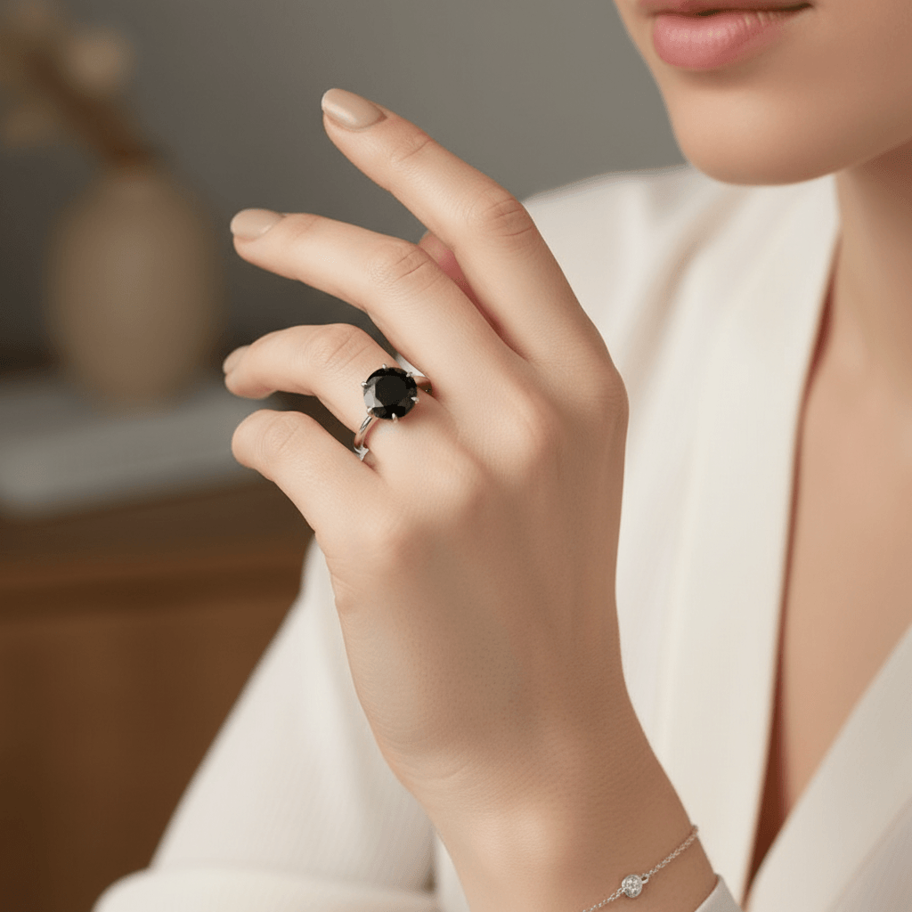 Six_Tiger_Claw_Solitaire_Black_Diamond_Engagement_Ring_On_Model