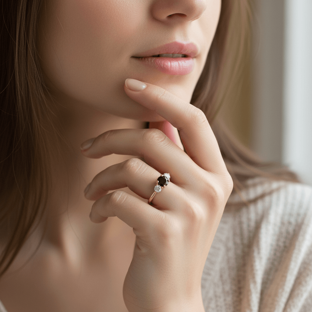 Round Cut Black Diamond Trilogy Yellow Gold Engagement Ring - alternate view