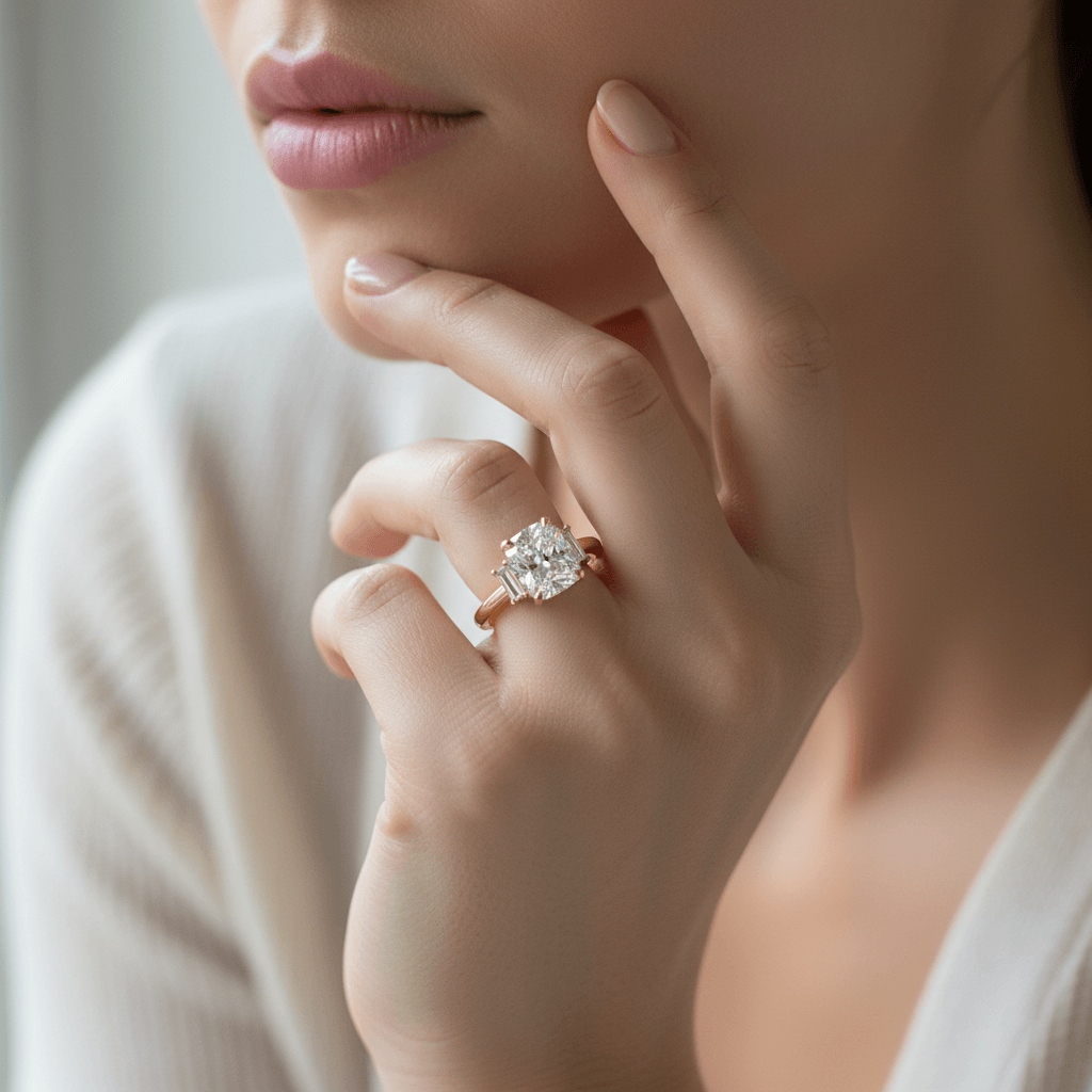 Elongated Cushion and Baguette Side Stone Trilogy Diamond Engagement Ring - alternate view