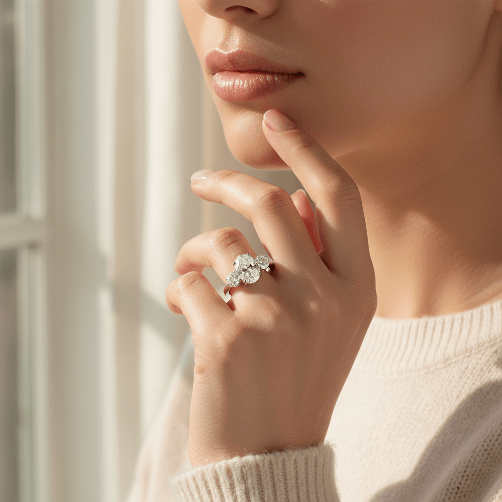 Oval_Side_Rounds_Crossed_Trilogy_Diamond_Engagement_Ring_On_Model