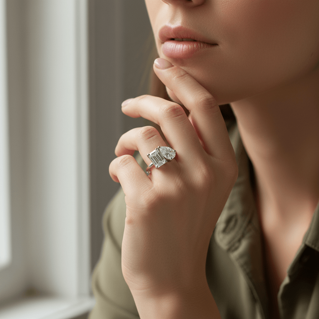 Toi et Moi Emerald and Pear Shaped Diamond Engagement Ring - alternate view