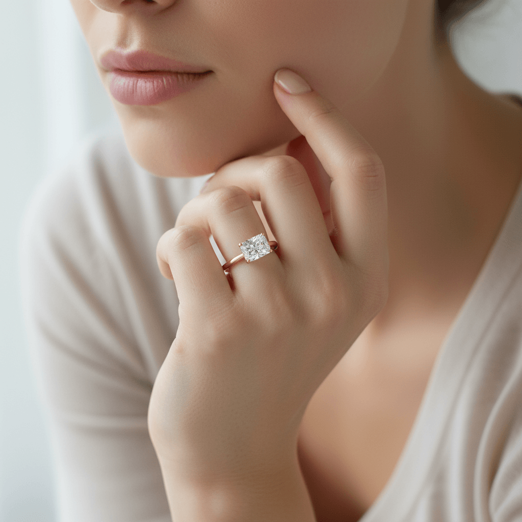 Horizontal Radiant Cut Solitaire Diamond Engagement Ring - alternate view