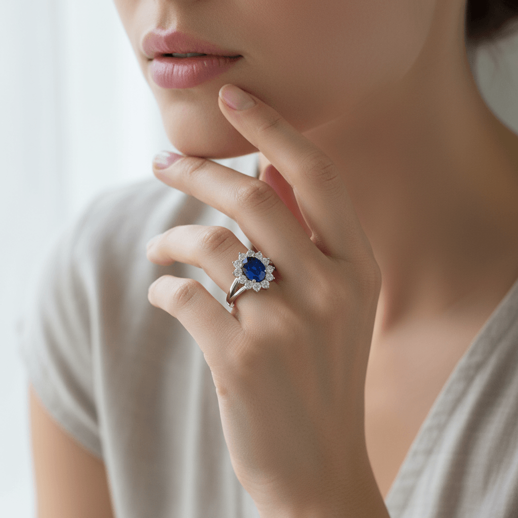 Oval Blue Sapphire Diamond Cluster Split Shank Diamond Engagement Ring - alternate view