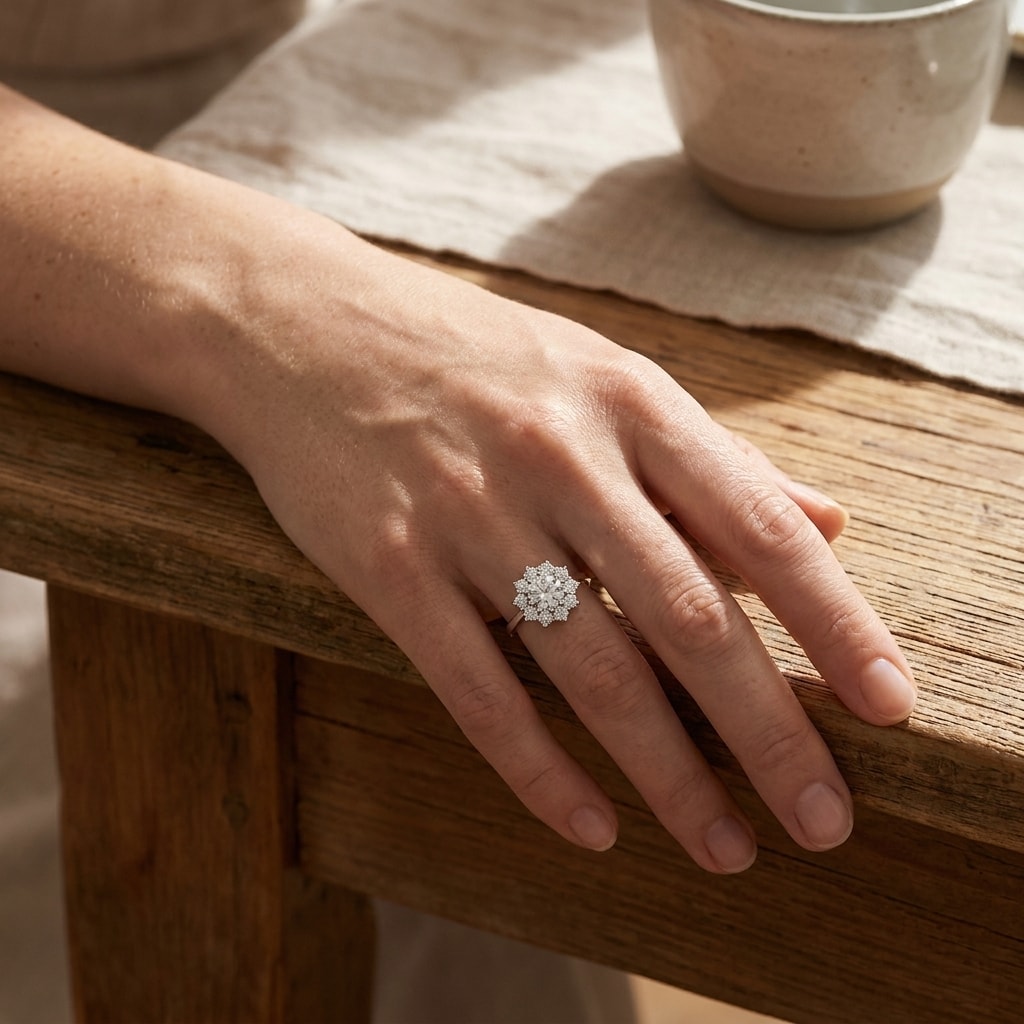 10_Stone_Cluster_Diamond_Engagement_Ring_On_Hand